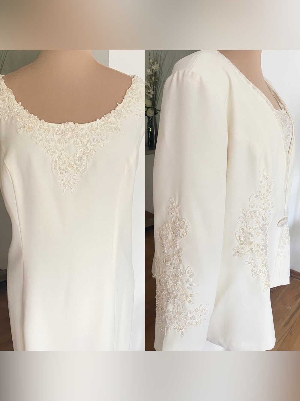 Vintage 90s FOREVER YOURS Sheath Wedding Dress Set *Size 30* Ivory Crepe Gown